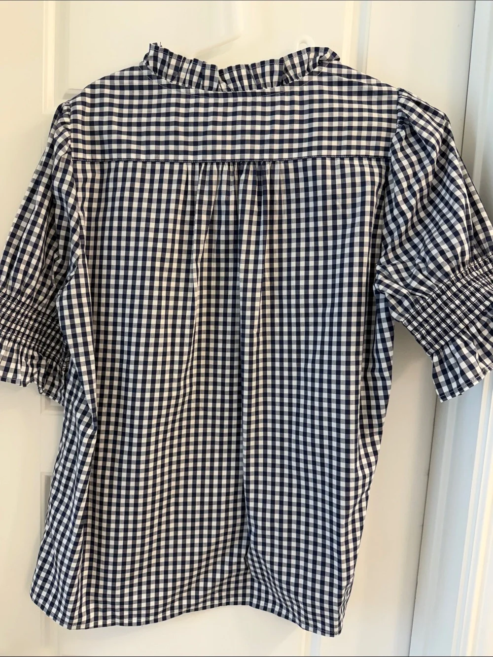 J Crew Women's Navy and White Gingham Ruffle Neck Top, S, never worn
